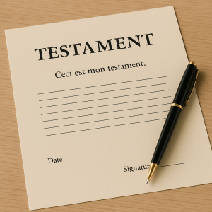 Document de testament posé sur une table en bois avec un stylo, utilisé dans le cadre d’une succession.